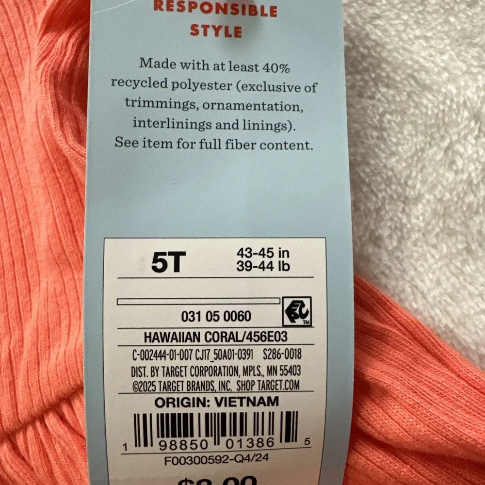 Cat & Jack Dress Toddler Girls Size 5T Coral Ruffle Short Sleeve Ribbed Knit NWT